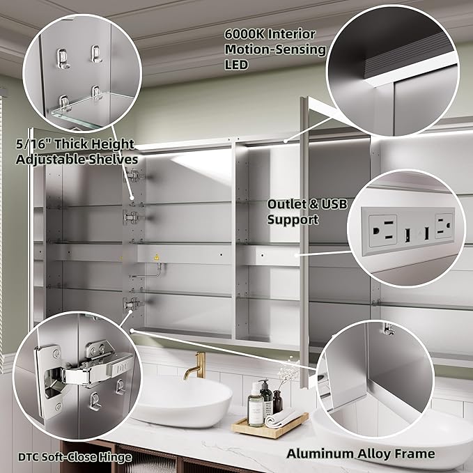 LED Medicine Cabinet Mirror, 60x30 Inch Bathroom Storage, Recessed/Wall Mount, Plug-in/Hardwired, 3 Color Dimmable Light, Anti-Fog, Time Temp Display