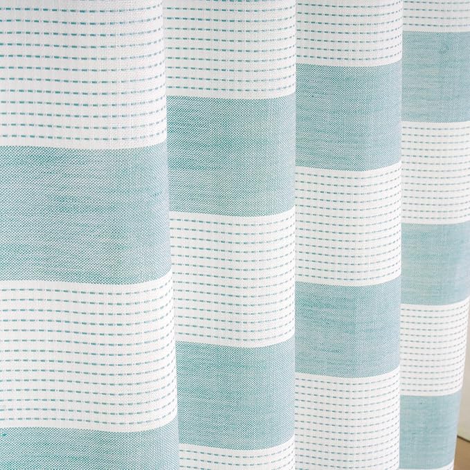Boho Chic Thick Teal Shower Curtain with Tassels, 350GSM Cotton Linen Soft Fabric Shower Curtain Aqua Green, 72 x 72 Inch Heavyweight Elegant Farmhouse Bathroom Decor Curtain French Country
