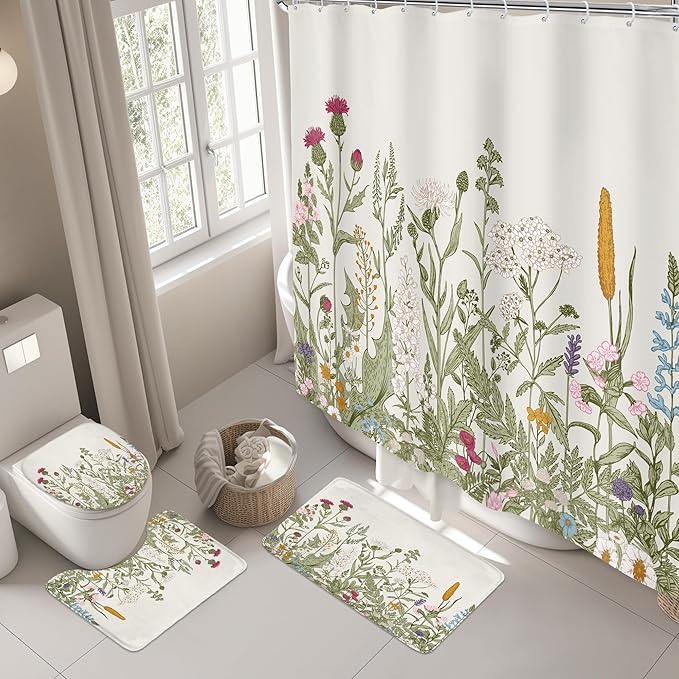 Riyidecor Wildflower Botanical 4Pcs Bathroom Shower Curtain Sets Floral Flower Herbs Green Leaf Bathroom Decor Set with Rugs and Accessories Plant Toilet Lid Rug, Contour and Bath Mat with 12 Hooks
