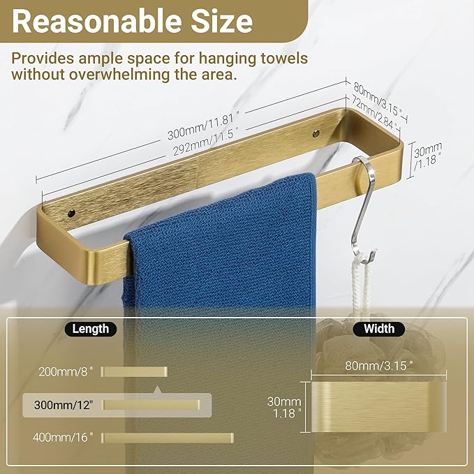 SAYAYO Brushed Gold Hand Towel Holder for Bathroom Wall, 12 Inch Self Adhesive Towel Bar Hand Towel Rack Square Heavy Duty