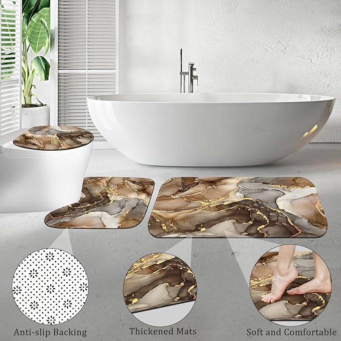 4PCS Brown Marble Bathroom Sets with Shower Curtain and Rugs, Abstract Gold Shower Curtain Sets with Rugs for Bathroom Decor, Bathroom Curtains Shower Set with Toilet Lid Cover Accessories