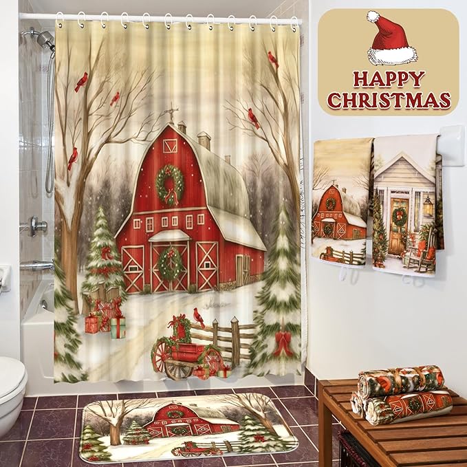FuWeave 8 Pcs Christmas Shower Curtain Set Xmas Santa Bathroom Decoration Christmas Tree Hand Towels Snowman Toilet Lid Cover Bathroom Rugs Xmas Shower Curtain with Hooks(Farmhouse Style)