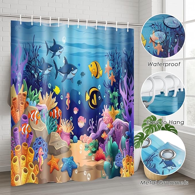 Britimes 4 Piece Shower Curtain Sets, Blue Ocean Fish with Non-Slip Rugs, Toilet Lid Cover and Bath Mat, for Bathroom Decor Set, 72" x 72"