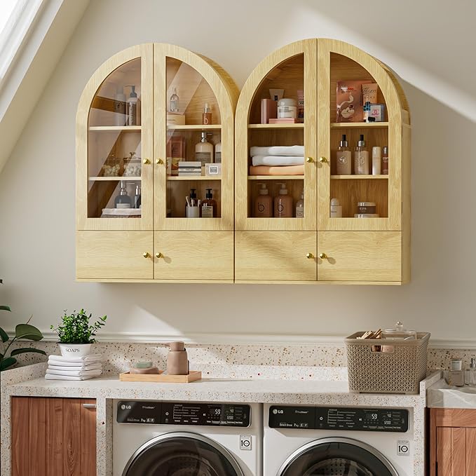 BREEZEHEAT Arched Medicine Cabinet with Extra Storage, Glass Doors, Adjustable Shelf -Wall Mounted Over Toilet Cabinet for Bathroom, Kitchen, Laundry Room, Natural Oak Wood Grain, 23.6x33.5 Inch