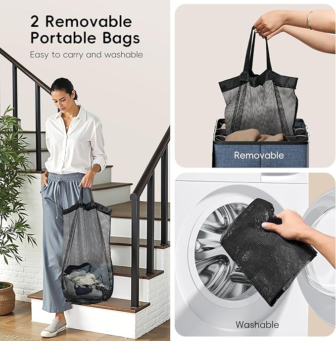 150L Double Laundry Hamper With Lid, Large Clothes Hampers with Removable Bag, Laundry Hamper 2 Section for Bathroom, Bedroom, Laundry Room, Dorm, Navy Blue