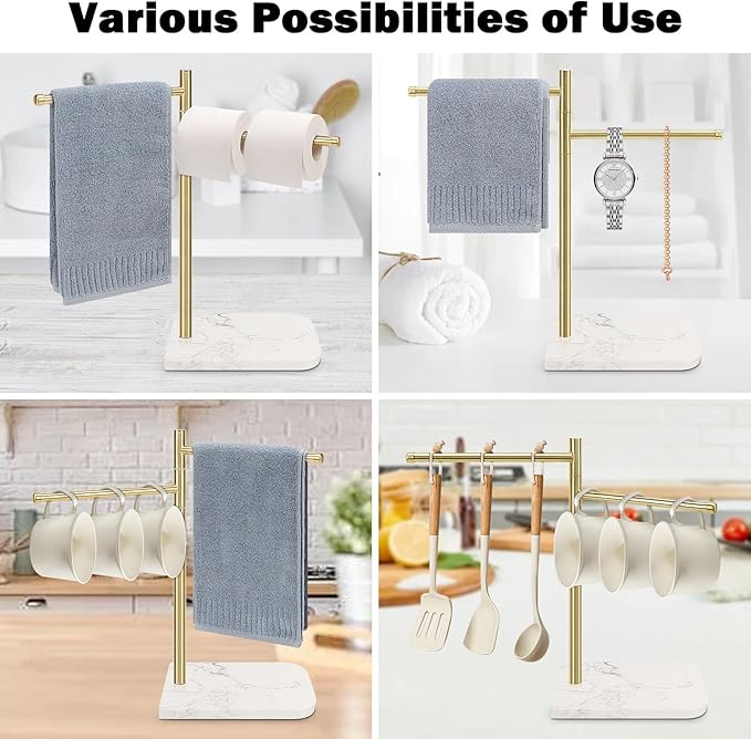 Standing Hand Towel Holder, Hand Towel Stand with Marble Base, 304 Stainless Steel Towel Rack with 2 Swivel Arm, Countertop Stand Towel Ring Towel Bar for Bathroom (Gold)