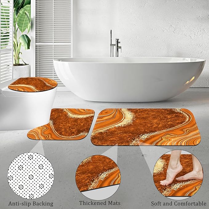 4PCS Orange Marble Shower Curtain Sets with Rugs, Abstract Bathroom Sets with Shower Curtain and Rugs, Modern Bathroom Curtains Shower Set with Toilet Lid Cover Accessories for Bathroom Decor