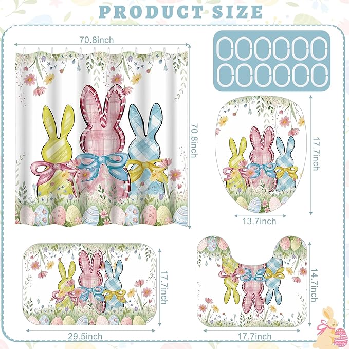 Hahafelt 4 Pcs Spring Easter Bunny Shower Curtain Sets 71 x 71 Inch Shower Curtain with 12 Hooks, Toilet Lid Cover, U Shape Bath Mat, Rectangular Bath Mat Easter Bathroom Decor Accessories