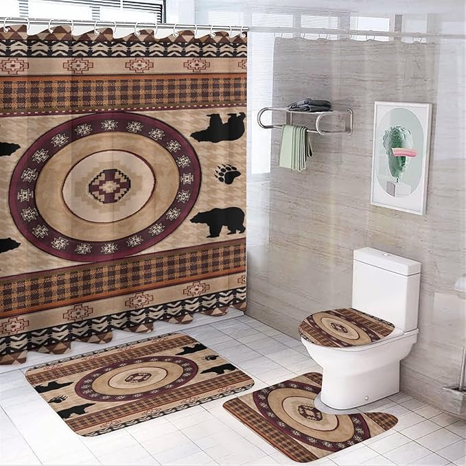 Vintage Deer Bear Farmhouse Shower Curtain Sets with Rugs 4 Piece Accessories Bathroom Curtains Shower Set Include Shower Curtain Non-Slip Rug Toilet Lid Cover Bath Mat One Size