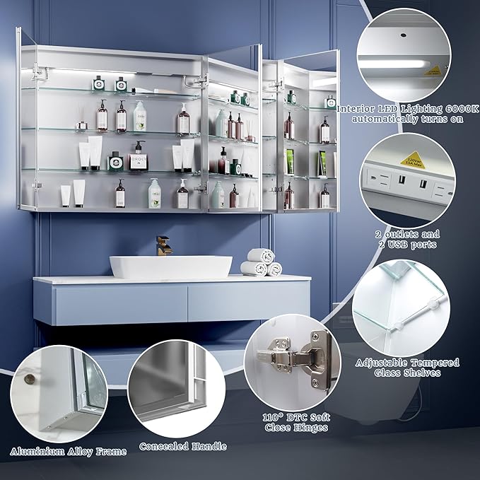 ExBrite LED Lighted Bathroom Medicine Cabinet with Mirror, 48 x 30 Inch, Recessed or Surface Mount, Anti-Fog, Stepless Dimming, Color Temperature Change, Built-in 6000K Sensor Light, Storage Shelves