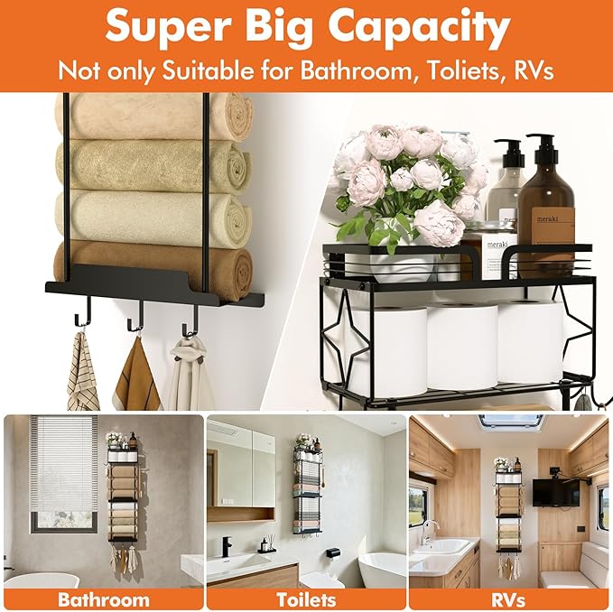 Towel Racks for Bathroom 39.9 Inch Wall Mounted Towel Rack with Shelf, Bathroom Towel Storage Holds 6 Large Rolled Towels, Metal Wall Towel Rack, Black