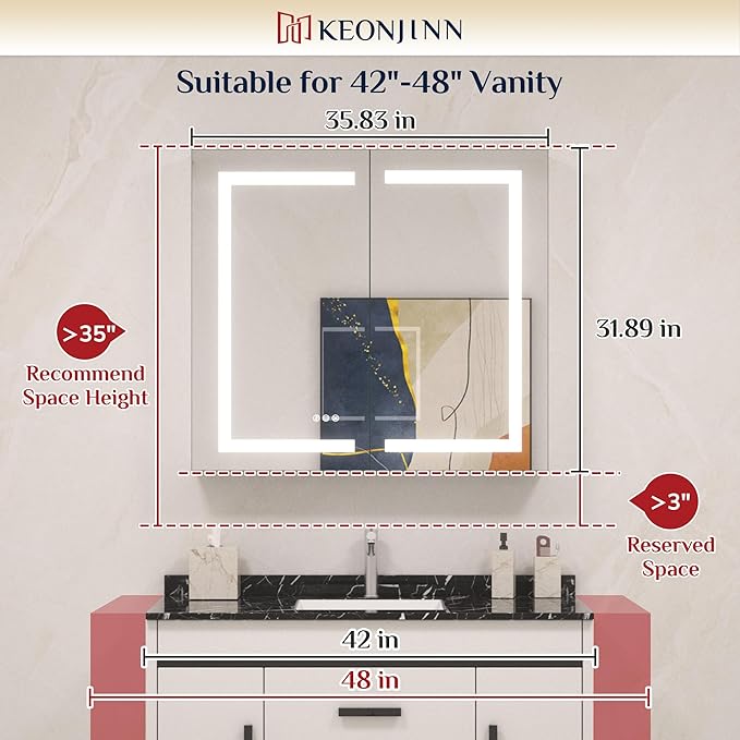 Keonjinn 36 x 32 Medicine Cabinet with Lights, LED Medicine Cabinet with Defogger and Outlets 3 Colors Dimmable with UL Listed LED Driver, Tempered Glass Surface/Recessed Mount Mirror with Storage