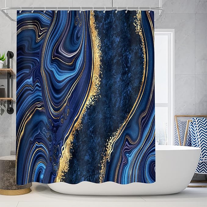 Nkzply 4 Pcs Blue Marble Shower Curtain Sets with Rugs Gold Bathroom Sets with Shower Curtain and Rugs Modern Abstract Bathroom Decor Accessories Shower Curtains for Bathroom Toilet Lid Cover