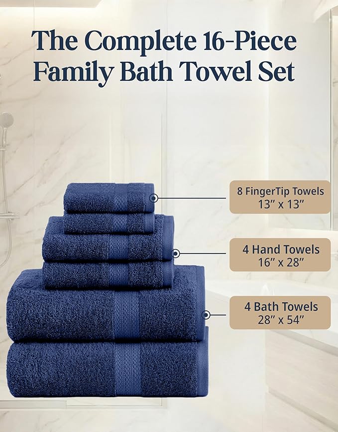 LANE LINEN 100% Cotton Luxury Towel Set for Bathroom - 16 Pieces, Ring Spun - Plush, Soft & Highly Absorbent - 4 Shower Towels, 8 Washcloths, 4 Hand Towels - Complete Bathroom Towel Set - Navy Blue