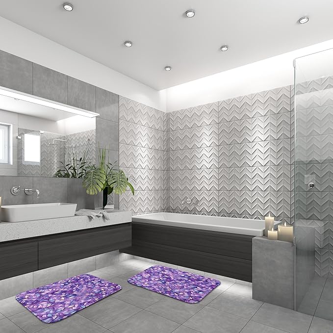 ArtSocket Purple Plant Leaves Bathroom Set with Shower Curtain and Bath Rugs and Accessories,Oil Painting Art Non-Slip Shower Curtain Set,Bathroom Decor 3 Pcs