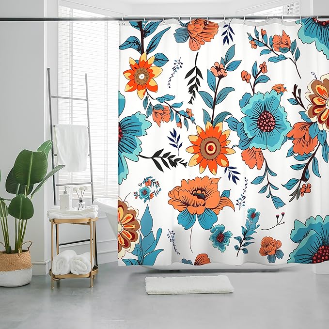 HMS Happy Memories Bohemian Plant Boho Floral Print Shower Curtain, Polyester Fabric Cloth for Bathroom Decor 72×72 Inch Standard Size with 12 Hooks, Also as Room Divider (Blue Red Flower)