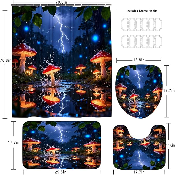 4 Piece Fantasy Red Mushroom Shower Curtain Set with Rugs, Enchanted Forest Rain & Lightning Art, Vibrant Blue Glow & Nature Bathroom Decor, Waterproof Fabric, Non-Slip Bath Mats & Toilet Lid Cover