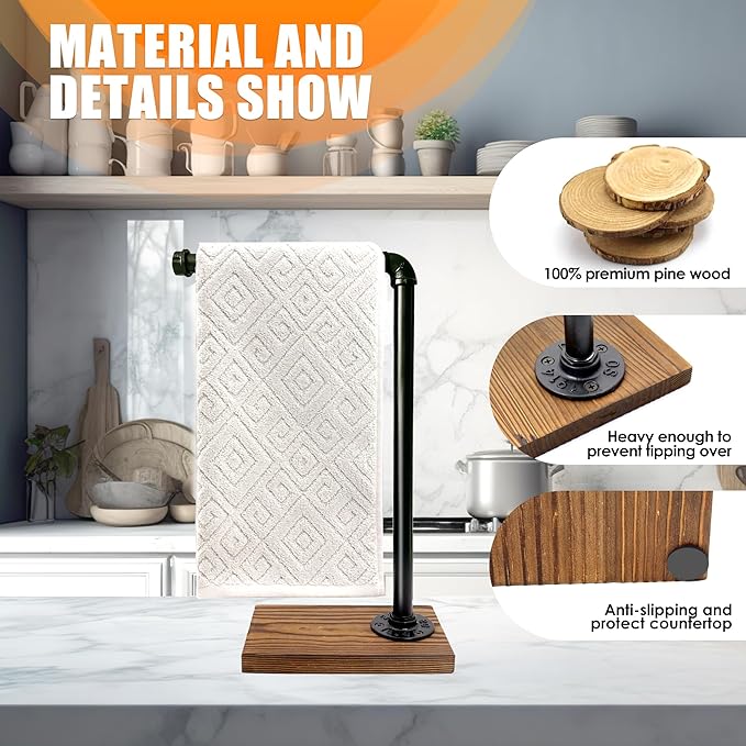 13'' Hand Towel Holder, L Shaped Towel Holder Stand with Weighted Base, Black Hand Towel Stand for Bathroom Kitchen Countertop
