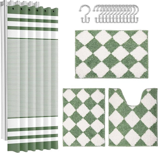 Britimes Sage Green Bathroom Sets with Shower Curtain and Rugs, Minimalist Geometric Modern Striped Waterproof Shower Curtain Liner and Soft Non Slip Bath Mat for Bathroom Decor and Accessories Hooks
