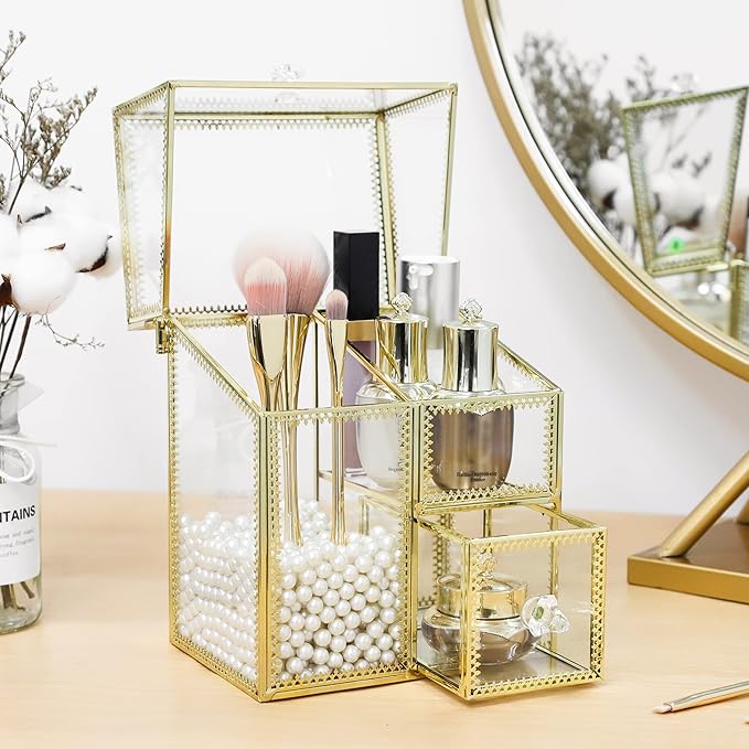 HKS Vintage Makeup Organizer Gold Glass Brush Holder with Lid Storage Dustproof Cosmetics Case with Pearls for Vanity Decoration Jewelry Nail Brush Lipstick