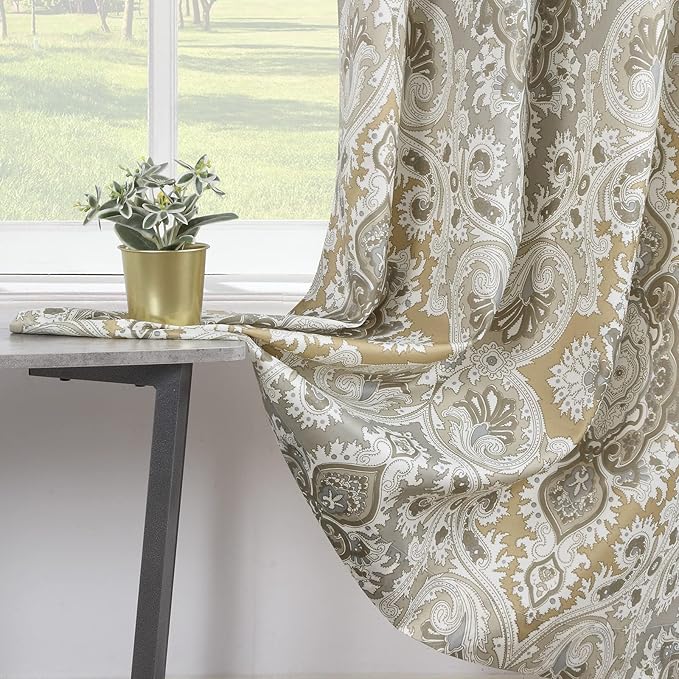 Palermo Vintage Gray Pinted Paisley Window Curtain Pair,Farmhouse Taupe 2 Panels Set,Each 42" W x 63" L and Total 84" Wide and 63" Long