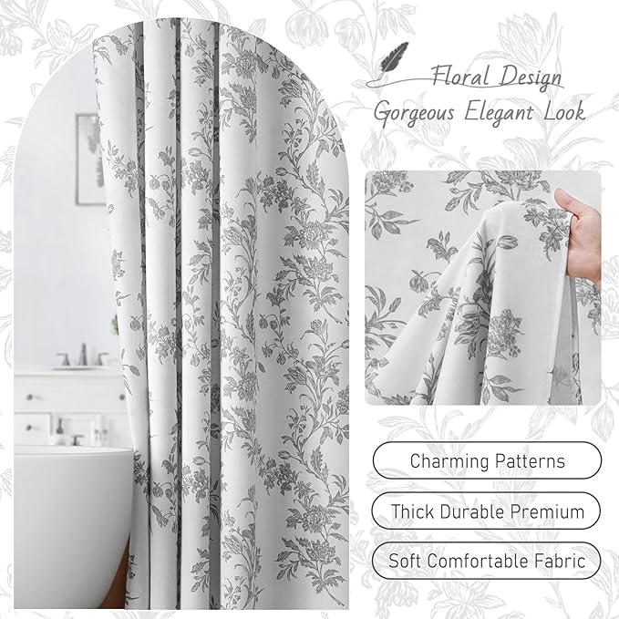 Grey Floral Shower Curtain,Vintage Cotton Cottagecore Gray Shower Curtains for Bathroom, 72" W x 72" L