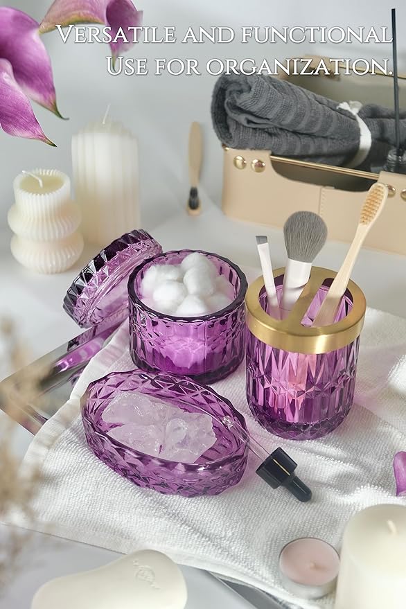 LaMarriti Purple Bathroom Accessories Set, 5Pcs Clear Glass Bathroom Decor Set, Soap Dispenser, Toothbrush Holder Set, Soap Dish, Qtip Holder, Tumbler for Vintage Crystal Bathroom Decor, Gift Set