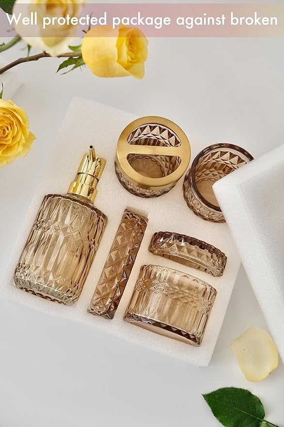 LaMarriti Brown Bathroom Accessories Set, 5Pcs Glass Bathroom Set, Lotion Soap Dispenser, Toothbrush Holder, Soap Dish, Qtips Holder, Tumbler for Crystal Vintage Bathroom Decor, Gift Set