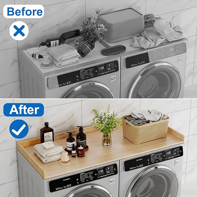 efluky Washer Dryer Countertop, Wood Countertop with Edge Rails for Laundry Room Organization and Storage, Washer Dryer Topper for Laundry Room, 27.5" x 54" Oak