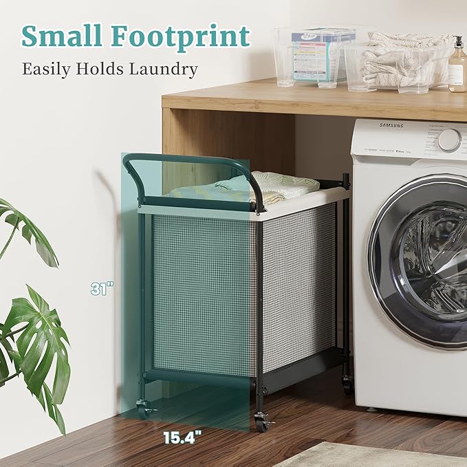 Laundry Hamper with Wheels - 2 Section Laundry Basket 120L, Removable Washable Bags, Height-Fitted Rolling Laundry Cart for Laundry Room & Bedroom