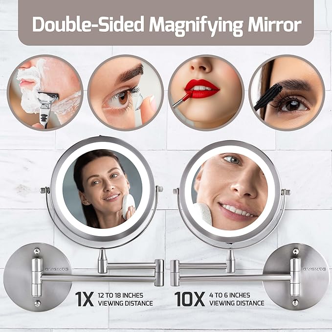OVENTE Wall Mounted Lighted Makeup Mirror, 7" Double Sided 1X/10X Magnifying Vanity Mirror for Bathroom with LED Lights, Cordless, 360° Rotation and 13" Extendable Arm, Nickel Brushed MFW70BR1X10X