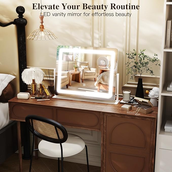 17" x22" Vanity Mirror with Lights, LED Makeup Mirror with Lights, 10X Magnification Mirror Makeup with 360°Rotation, 3 Color Modes＆ Dimmable,Light up Makeup Mirror for Vanity Desk, Travel, White