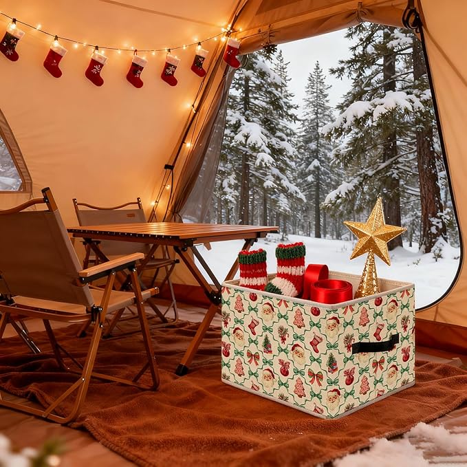 Red and Green Coquette Bow Santa Trellis Christmas Storage Bins, Gingerbread Stocking Tree Holiday Foldable Closet Organizers Storage Basket Toybox for Clothes Bed Sheets Blankets Toys
