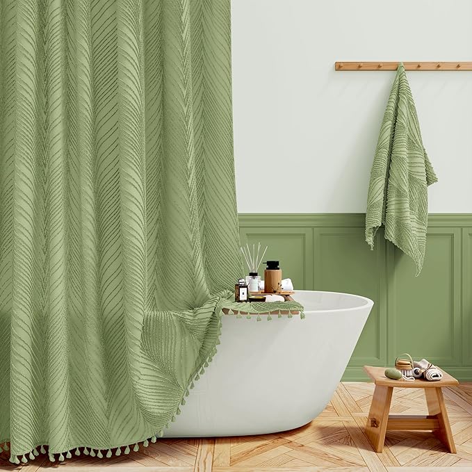 BTTN Sage Green Boho Shower Curtain, Tufted Leaves Textured Striped Fabric Shower Curtain Set with Tassels, Water Repellent, Modern Farmhouse Minimalist Vintage Shower Curtains for Bathroom, 72 x 72