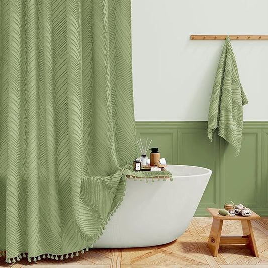BTTN 78 Inch Long Shower Curtain - 72x78 Tufted Leaves Textured Striped Country Shower Curtain Set with Hooks, Water Repellent, Modern Farmhouse Luxury Hotel Shower Curtains for Bathroom, Sage Green