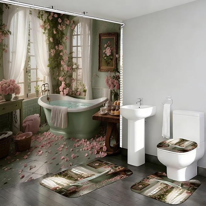 DDQQ 4Pcs Vintage Turquoise Bathtub Shower Curtain Set, Pink Roses Bathroom Sets with Shower Curtain and Rugs, Romantic Bathroom Decor Accessories Shower Curtains for Bathroom Toilet Lid Cover