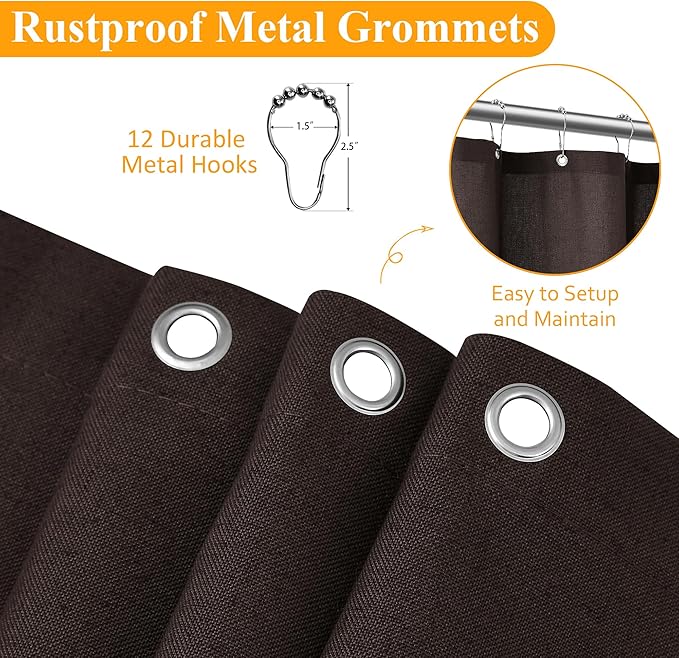 Naturoom Chocolate Brown Linen Shower Curtain, Country Boho Farmhouse Bath Decor Shower Curtains Neutral Cloth Weighted Textured Fabric Bath Curtain Liner with Hooks, 72x96
