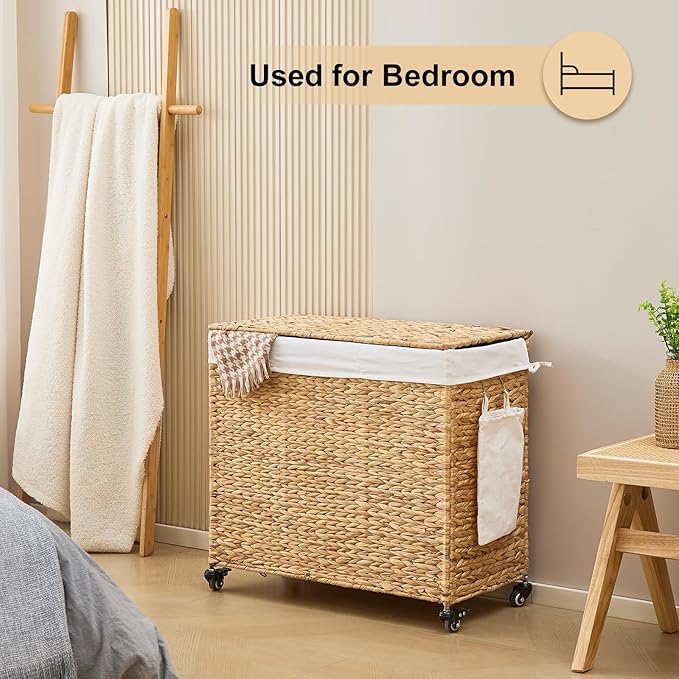 Handwoven Hamper with Lid, Laundry Basket with Wheels, Machine Washable Liner, 3 Section Clothes Hamper for Bathroom Laundry Room Bedroom(Natural, 165L)