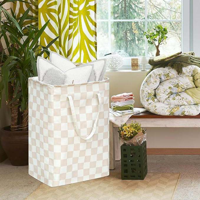 MAIZMZ Beige Checkered Laundry Basket Girls Hamper Storage Bins Organizer Toy Box Large Canvas Collapsible Chest for Home/Dorm/Kitchen/Pet/Office/Closet/Shelf/Gift Baskets