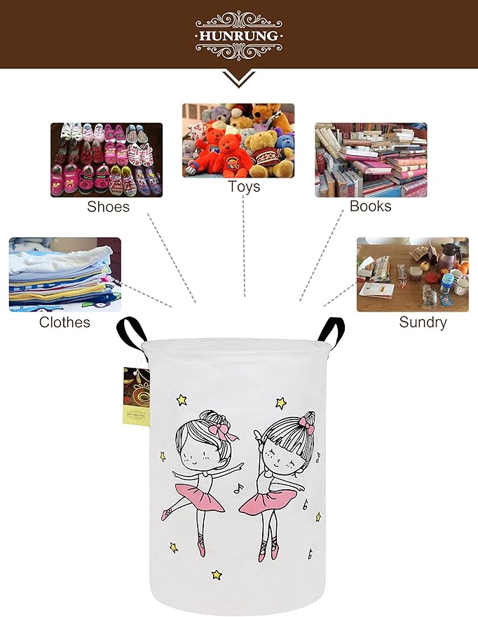 HUNRUNG Laundry Hamper,Large Canvas Fabric Lightweight Storage Basket Toy Organizer Dirty Clothes Collapsible Waterproof for College Dorms, Children Bedroom,Bathroom???Round-Dancing girl???