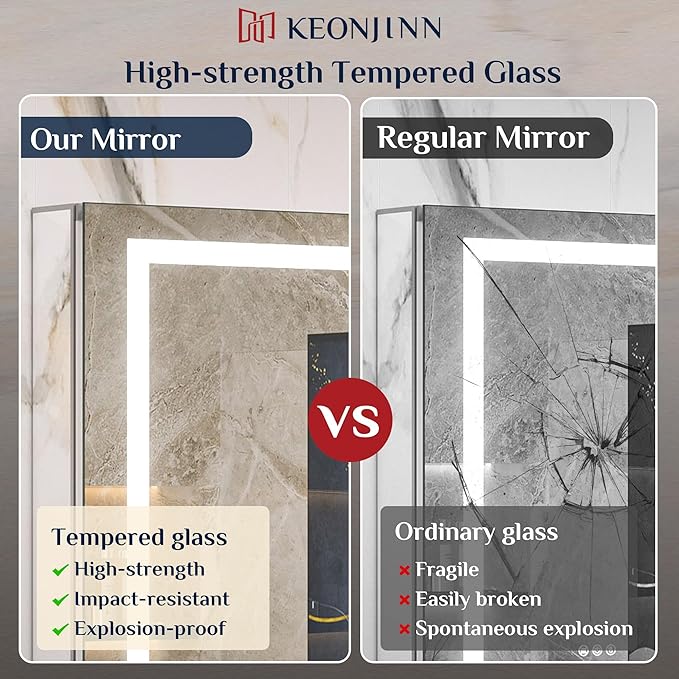 Keonjinn 16x24 Inch Lighted Medicine Cabinet for Bathroom with Outlets, Anti-Fog Lighted Medicine Cabinet with Mirror 3 Colors Dimmable, Tempered Glass UL Listed Front Lit Bathroom Mirror with Storage