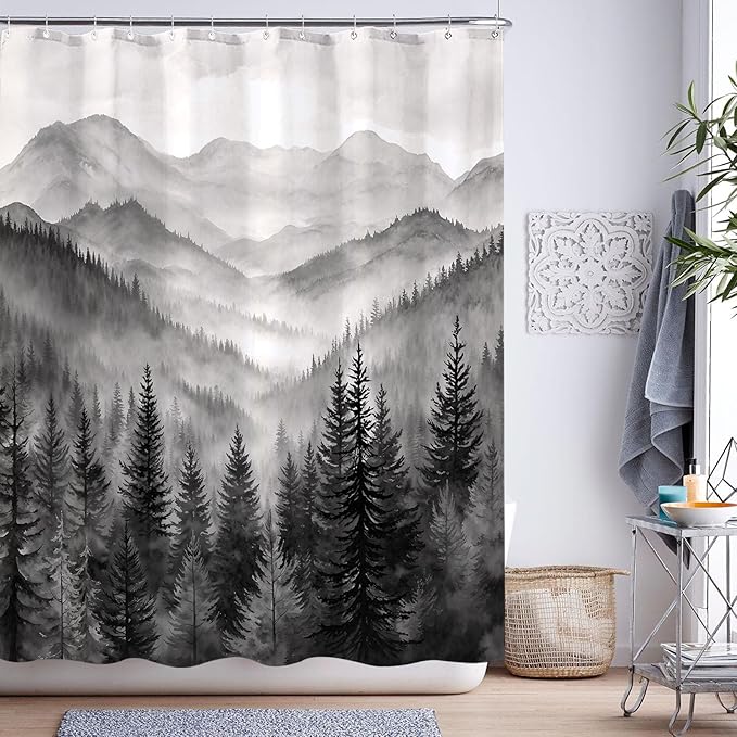 Accnicc Forest Mountain Shower Curtain Black and White Nature Misty Pine Tree Shower Curtains for Bathroom Dark Grey Foggy Rustic Woodland Decorative Waterproof Fabric Bath Curtain Decor 72×84 Inches