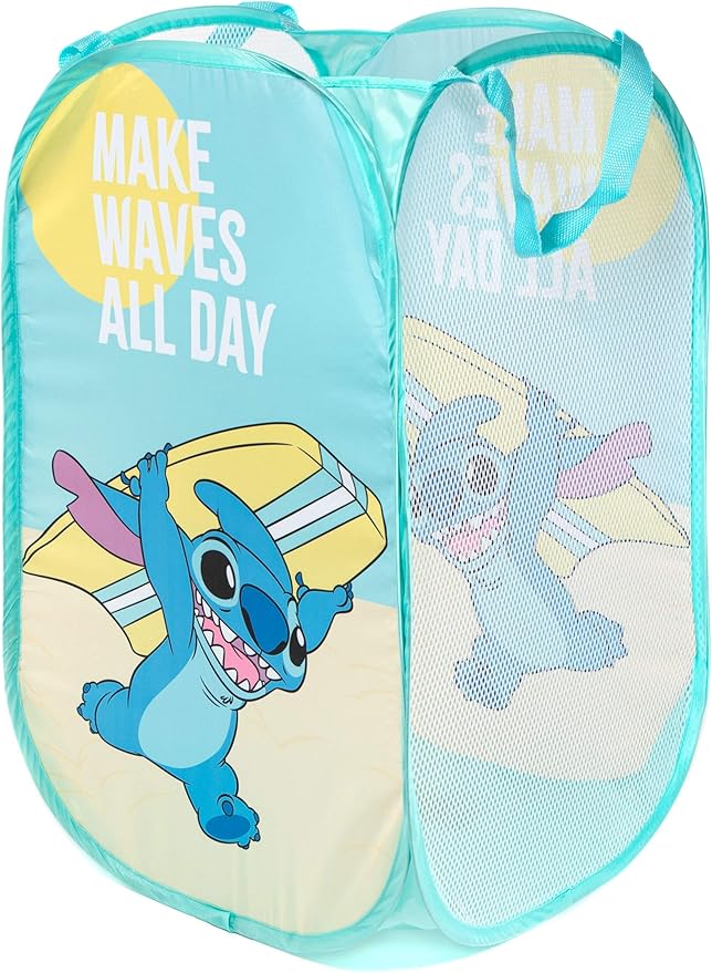 Jay Franco Disney Lilo & Stitch Make Waves Pop Up Hamper - Mesh Laundry Basket/Bag with Durable Handles (Official Disney Product)