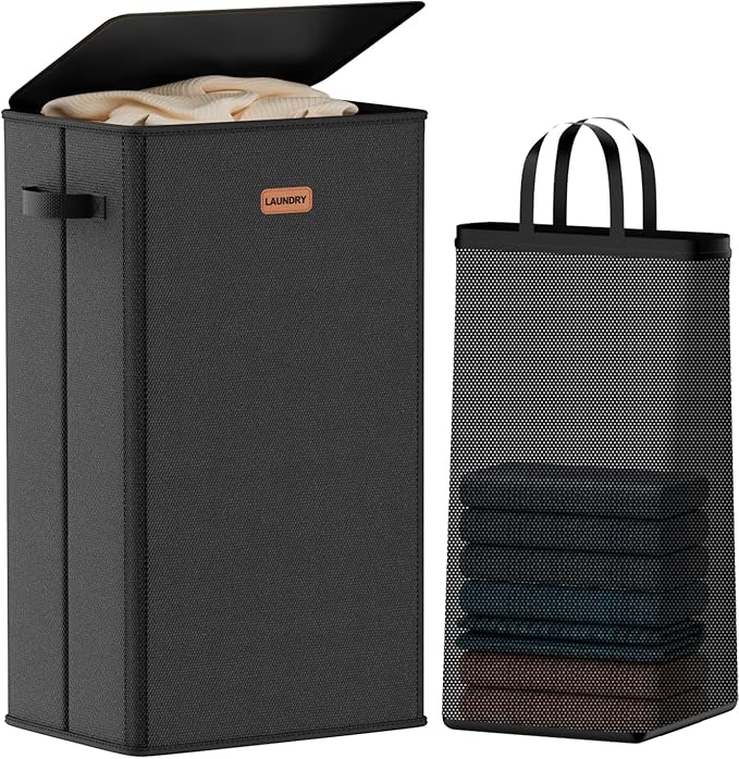 100L Laundry Hamper with Lid, Large Clothes Hampers with Removable Bag, Collapsible Laundry Basket for Bathroom, Bedroom, Laundry Room, Dorm, Black
