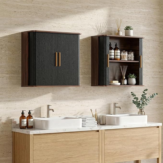 Furnaza 60" W Laundry Room Wall Cabinet with Fluted Sliding Door, Bathroom Medicine Cabinet with Adjustable Shelf, Wall Mounted Storage Cabinet for Living Room Kitchen, Black
