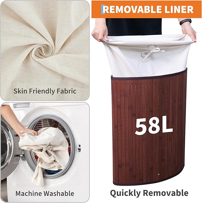 GarveeHome Corner Laundry Hamper with Lid, 15.3 Gal / 58 L Large Foldable Bamboo Laundry Basket with Washable Liner Bag, Wicker Clothes Hamper for Bedrooms Bathrooms Apartments, Brown
