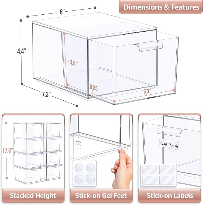 Sorbus Clear Stackable Storage Drawers - 8 Pack Acrylic Drawer Organizer for Vanity, Bathroom Makeup Organizer, Kitchen Cabinets, Undersink - Plastic Storage Bins for Home Organization and Storage