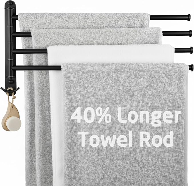 KES Extra Long 19.5" Swivel Towel Rack, Black Swing Arm Towel Bar 4-Arm, Swing Out Towel Rack for Bathroom Wall, Hand Towel Racks Wall Mounted 18/8 Stainless Steel Matte Black, A2103S4L50-BK