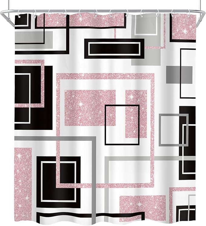 Cinbloo 4Pcs Abstract Black Pink Geometric Shower Curtain Set, Girls Girly Simple Minimalist Modern Women Gray Grey Bathroom Curtain with Rug Toilet Lid Cover Bath Mat with 12 Plastic Hooks