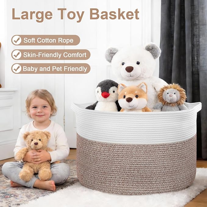 90L Extra Large Blanket Basket for Living Room - Cotton Rope Laundry Hamper Woven Baskets XXL Storage Bin with Handles for Dirty Clothes, Kids, Pets, Toys, Bedroom, 23'' x 23'' x 13'', White & Brown